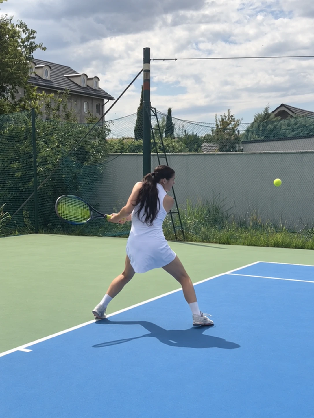 Jucătoare în timpul unei lovituri pe terenul de tenis